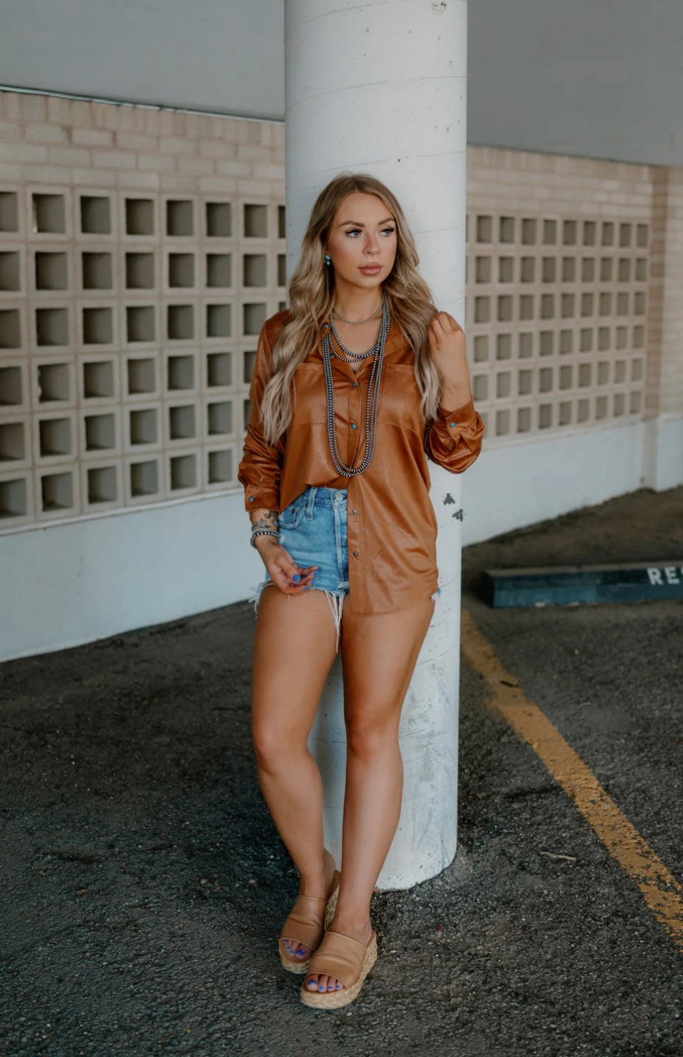 Leather Lux Button Up: Saddle