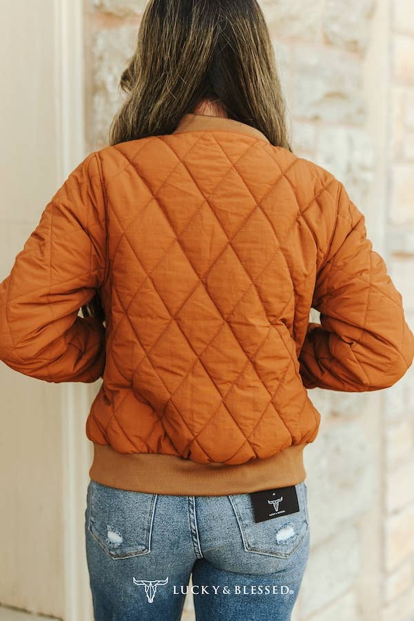 Camel Quilted Bomber Jacket with Teal Lining