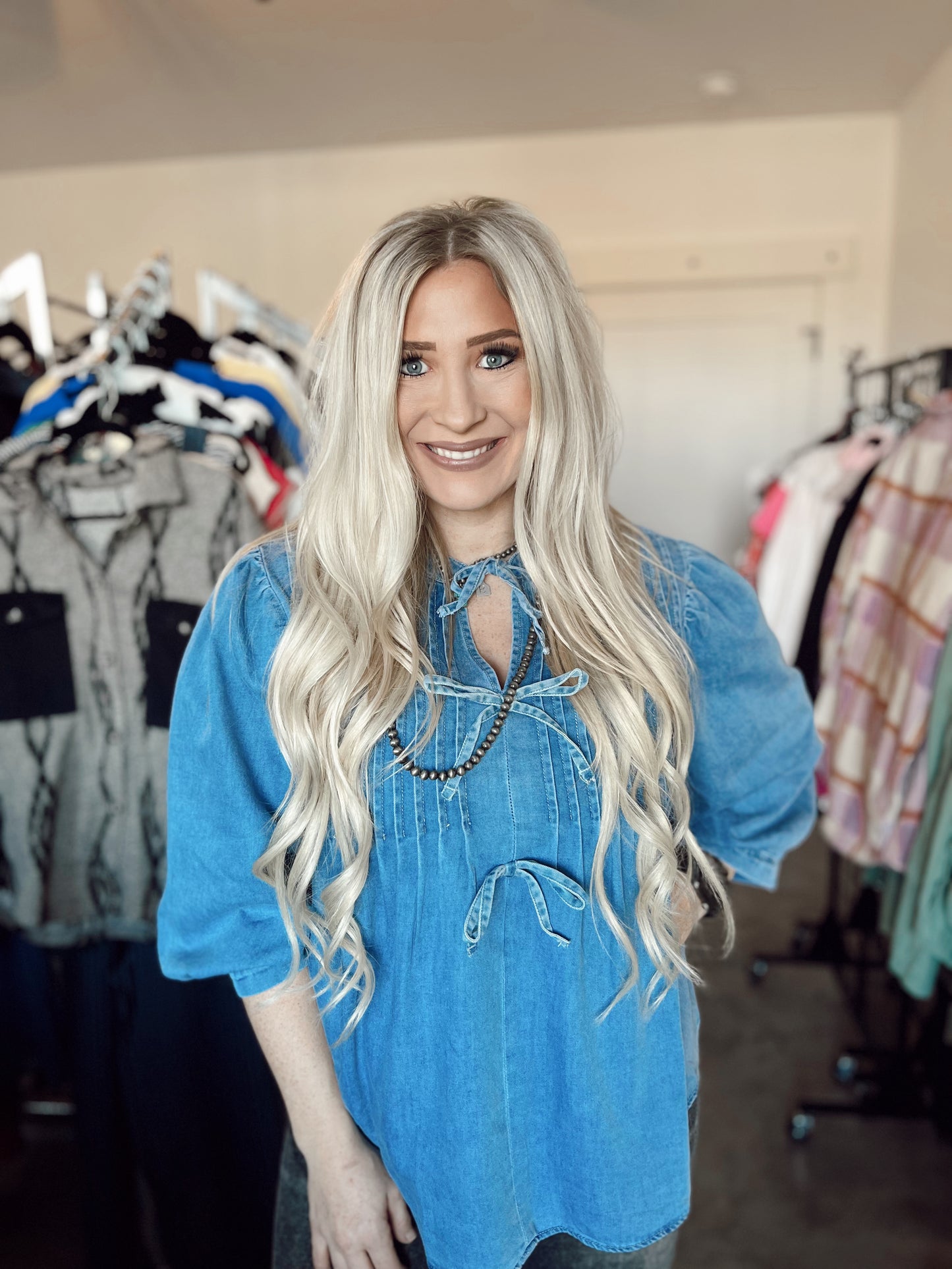 Bow Denim Puff Sleeve Top