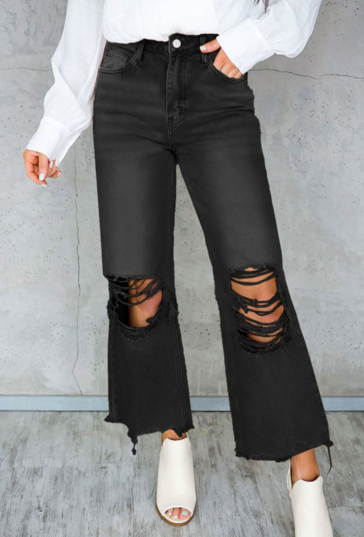Black Distressed High Waist Crop Flare Jeans
