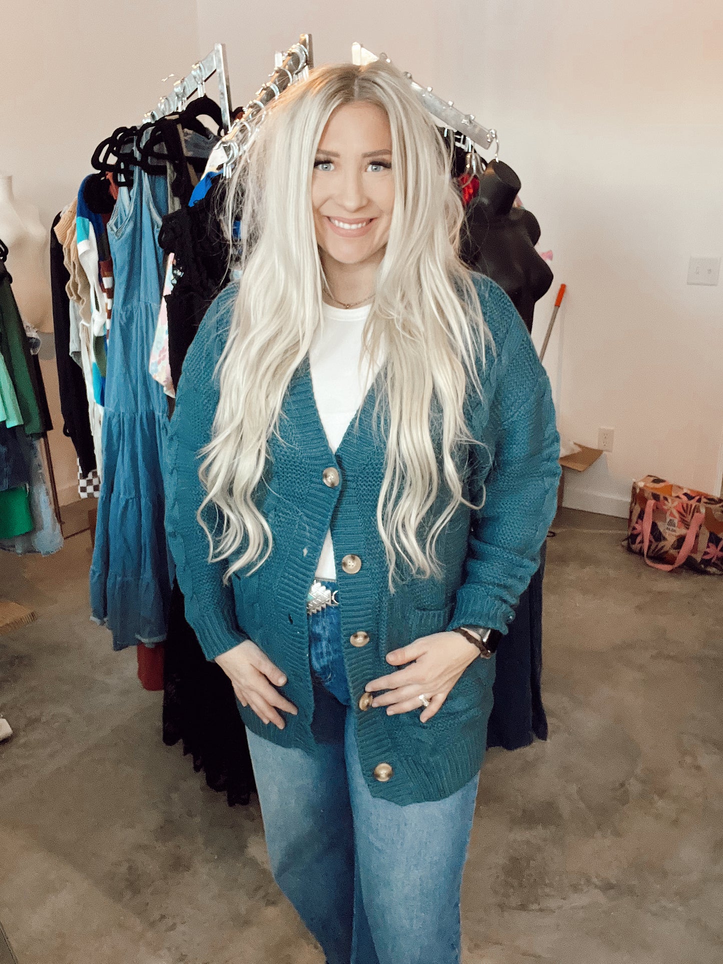 Cable Knit Loose Cardigan- Peacock Blue