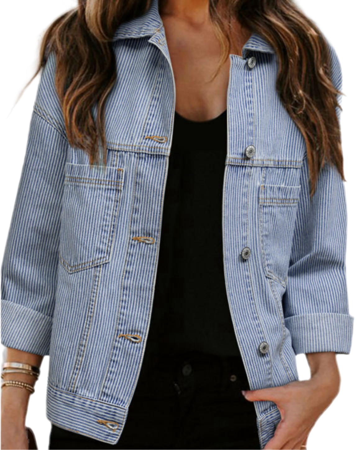 Striped Oversized Denim Jacket- Sky Blue