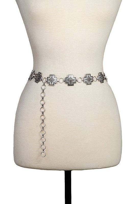 Cross Etched Link Chain Belt: BURNISHED SILVER / L/XL