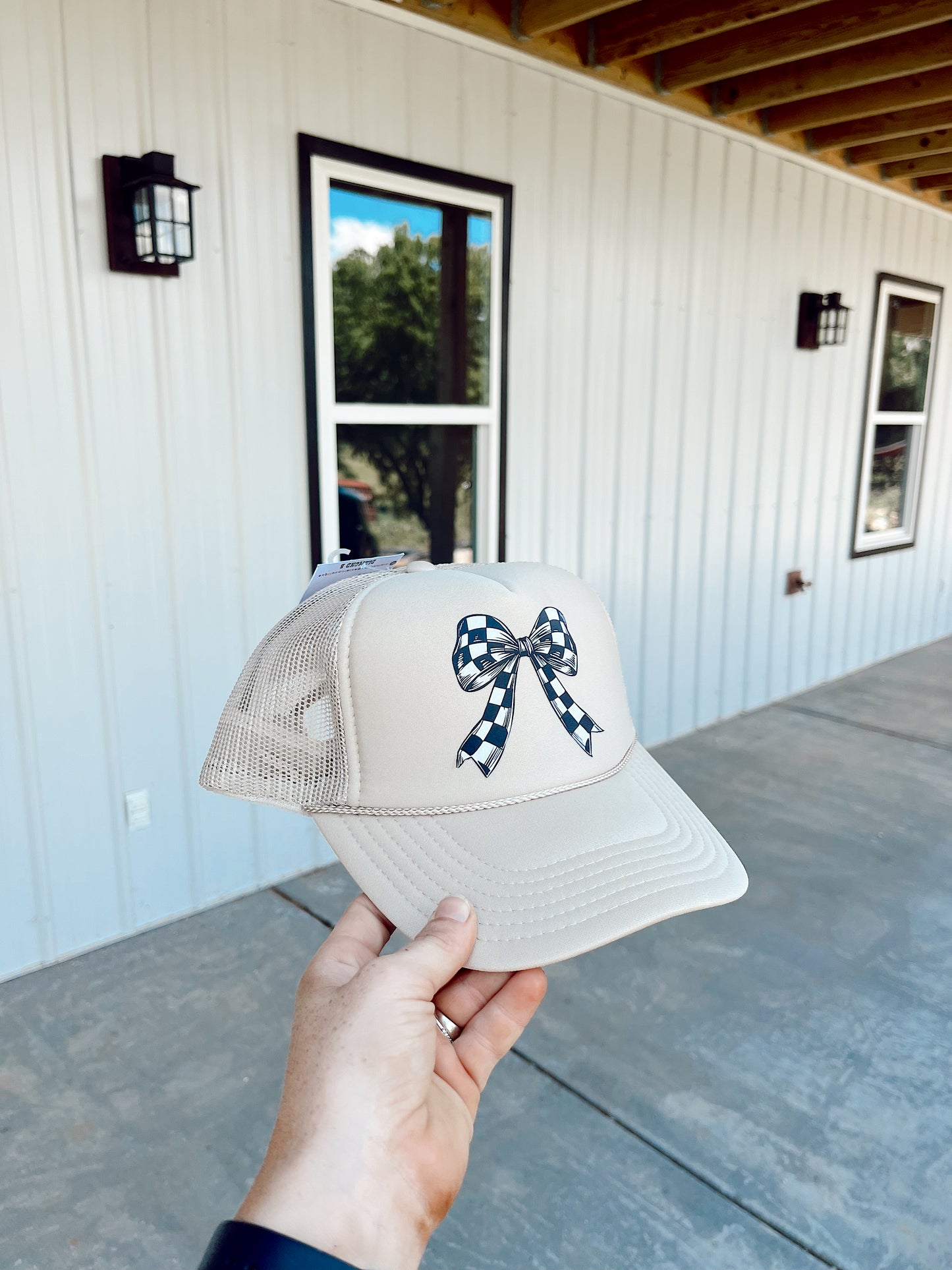 Checkered Bow Trucker- Tan