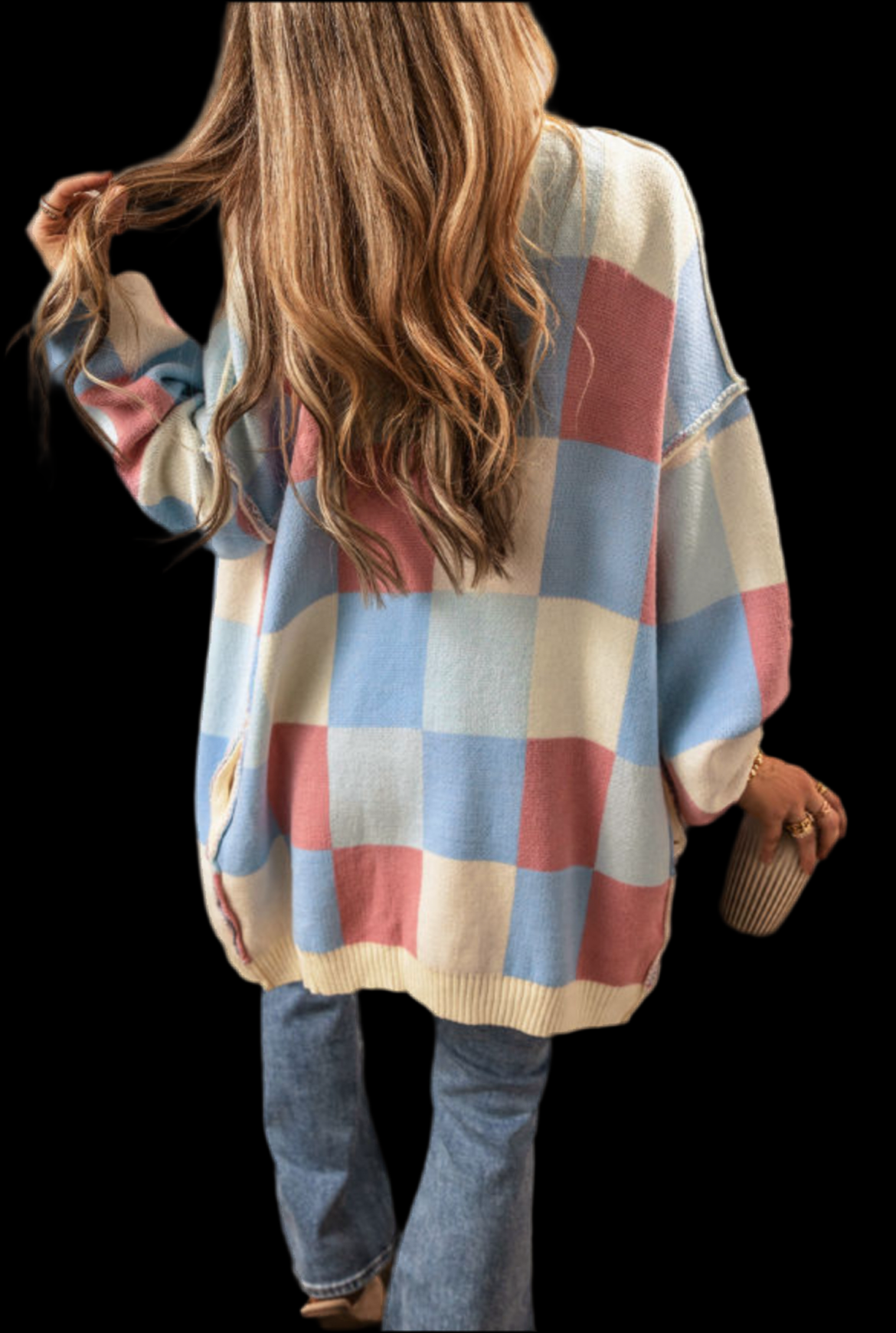 Light Blue & Pink Checkered Drop Shoulder Cardigan