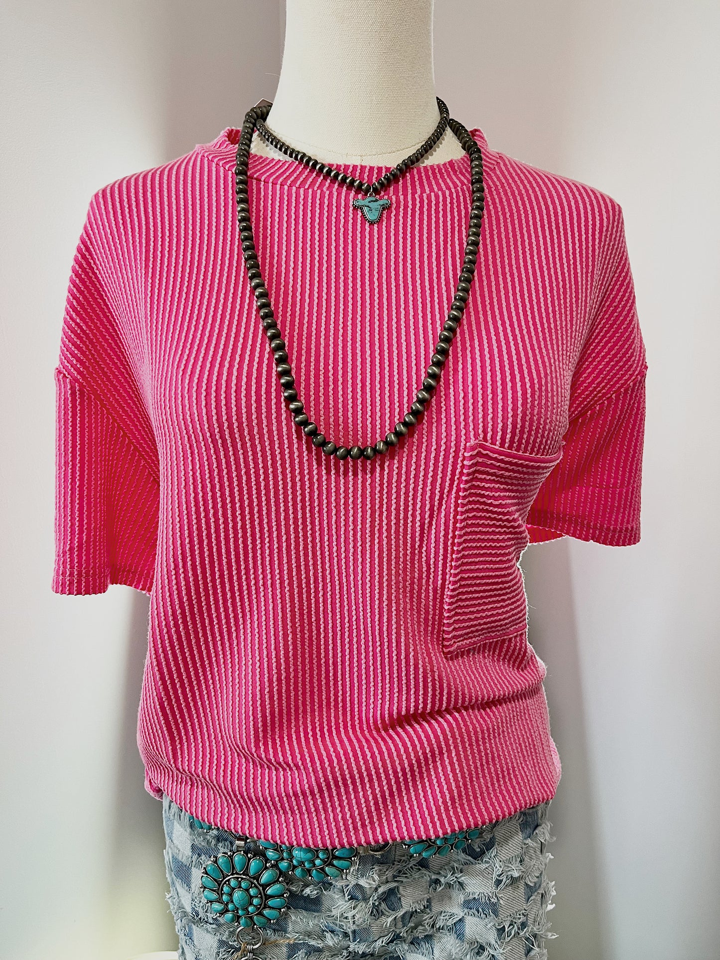 Corded Knit Oversized Tee- Pink