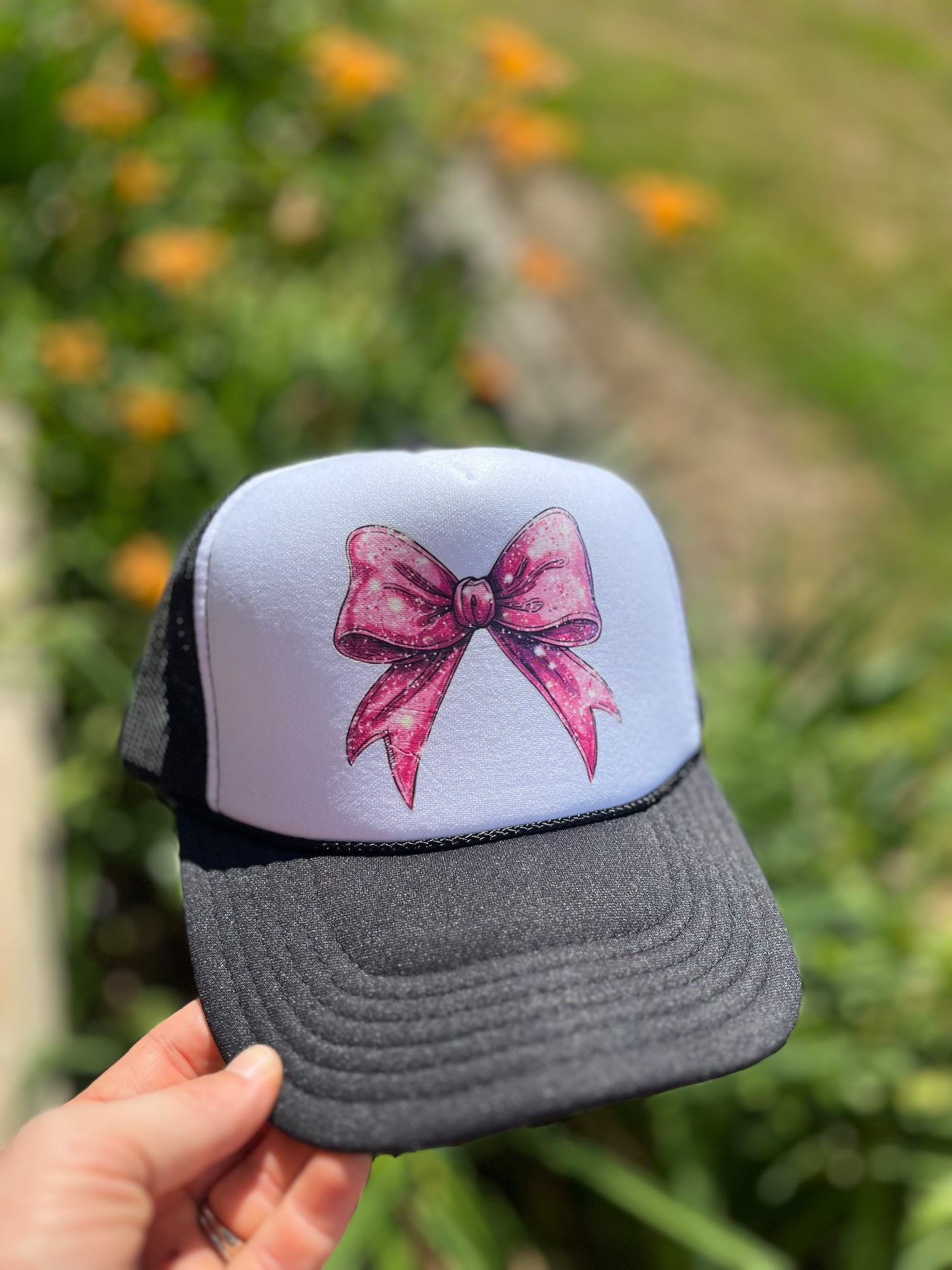 Black & White Trucker Hat with Pink Bow