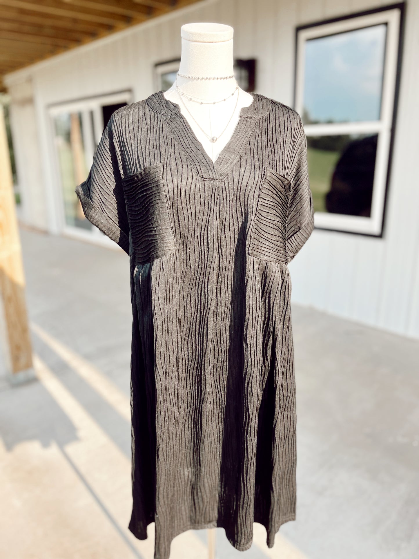 Black Textured Short Sleeve Dress