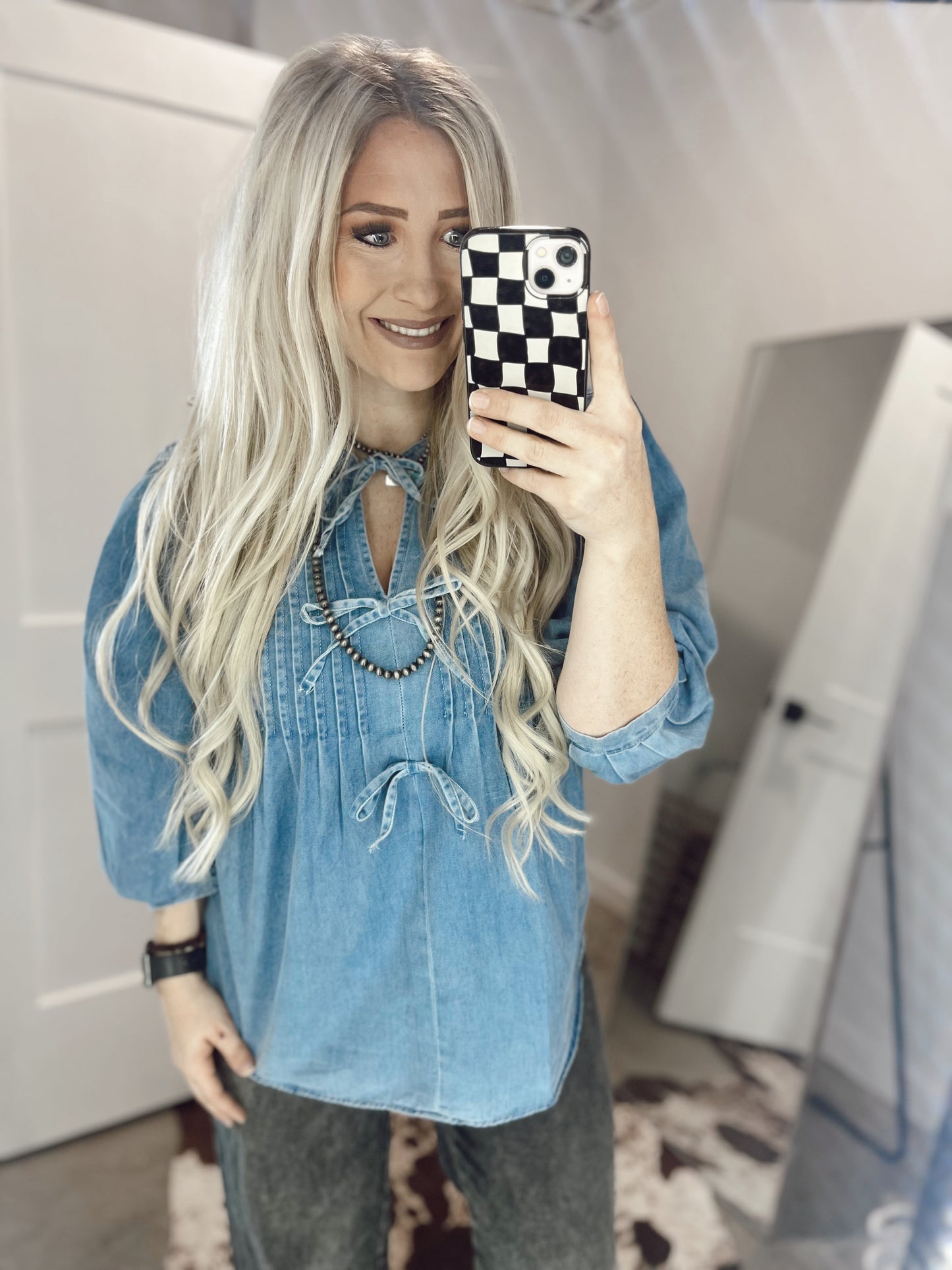 Bow Denim Puff Sleeve Top