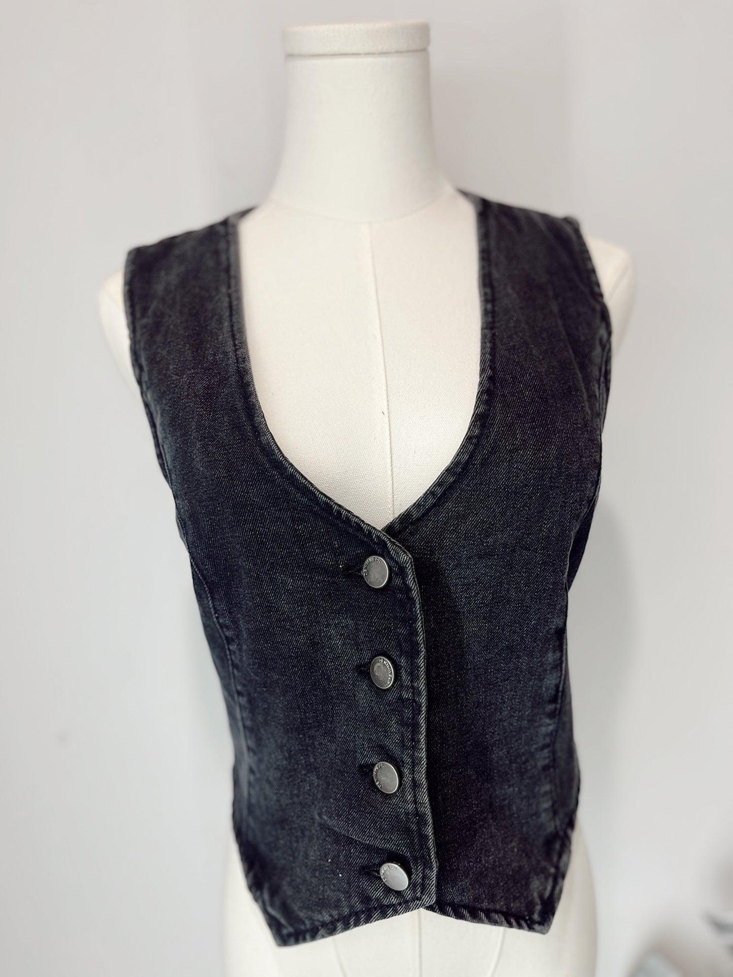 Washed Denim Fitted Vest- Faded Black