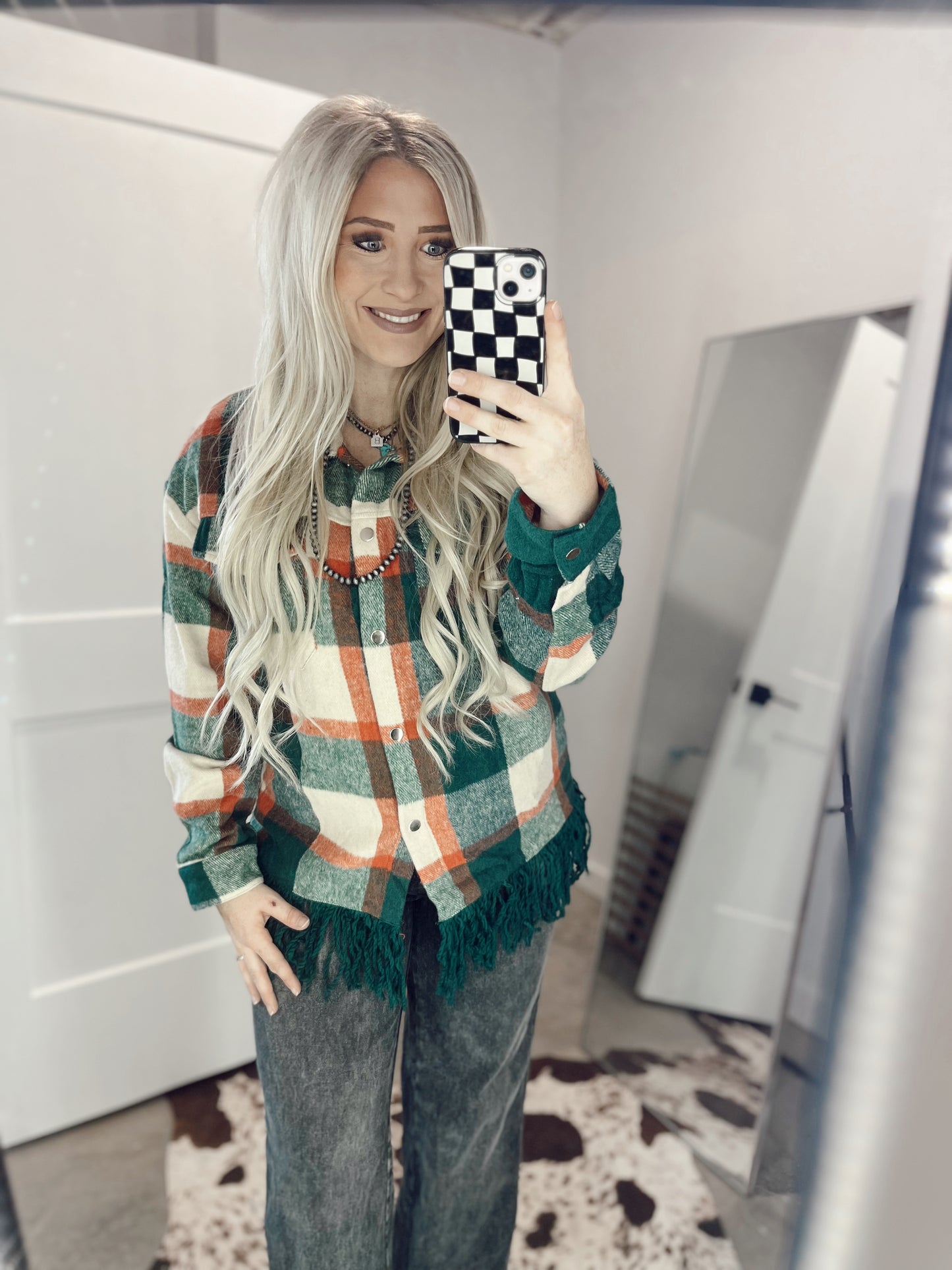Green Plaid Fringed Shacket