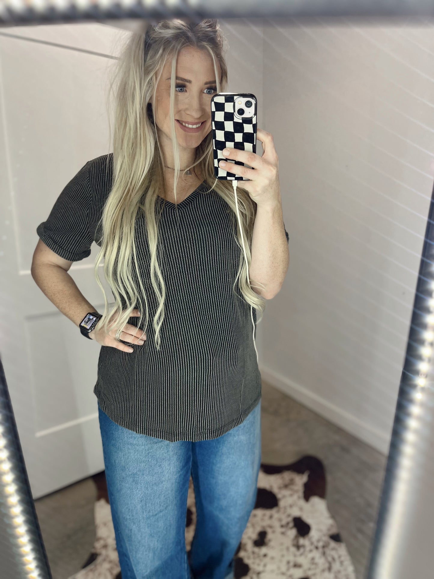 Corded V-Neck Tee- Dark Grey
