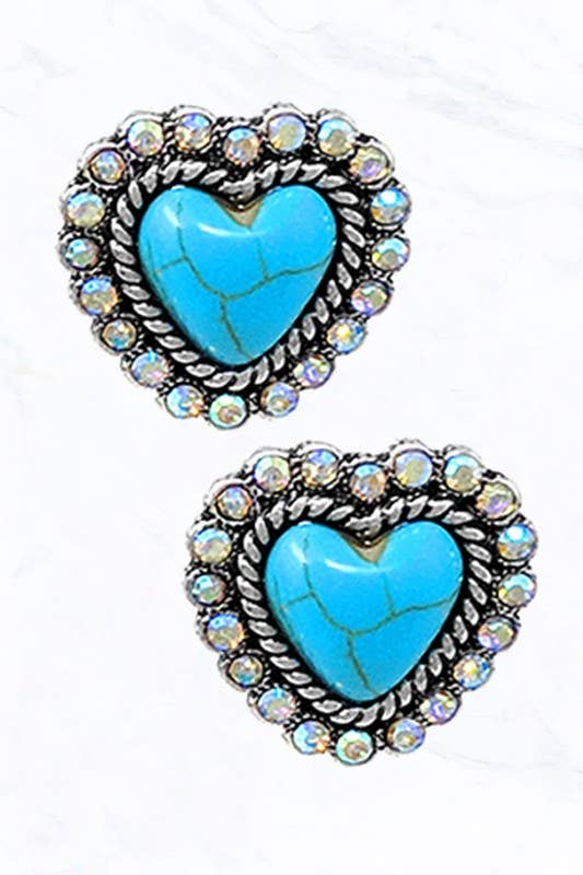 Heart Crystal Stud Earrings: Turquoise