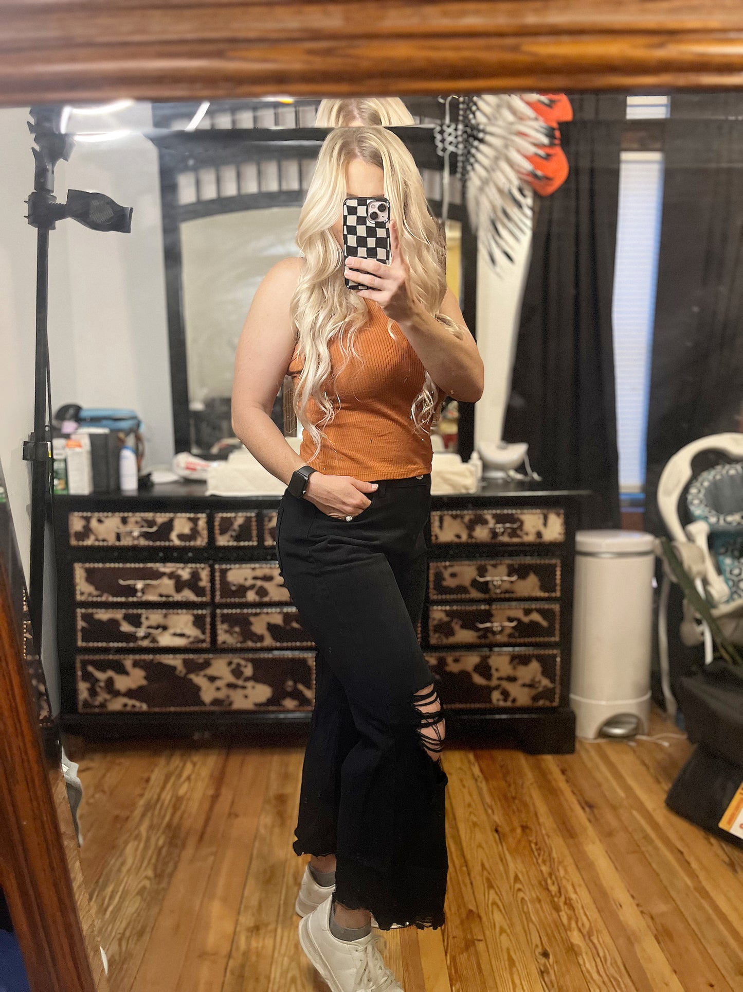 Black Distressed High Waist Crop Flare Jeans