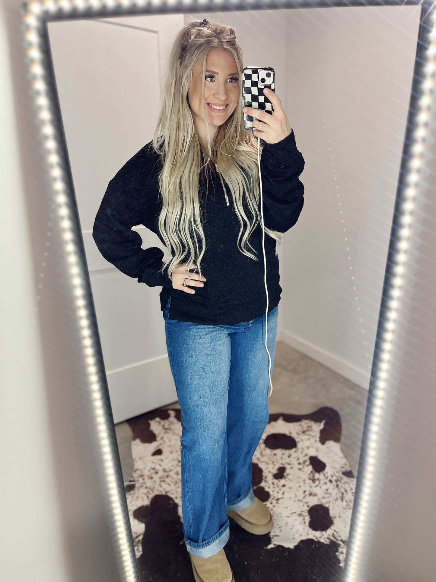 Textured Half Zip Pullover- Black