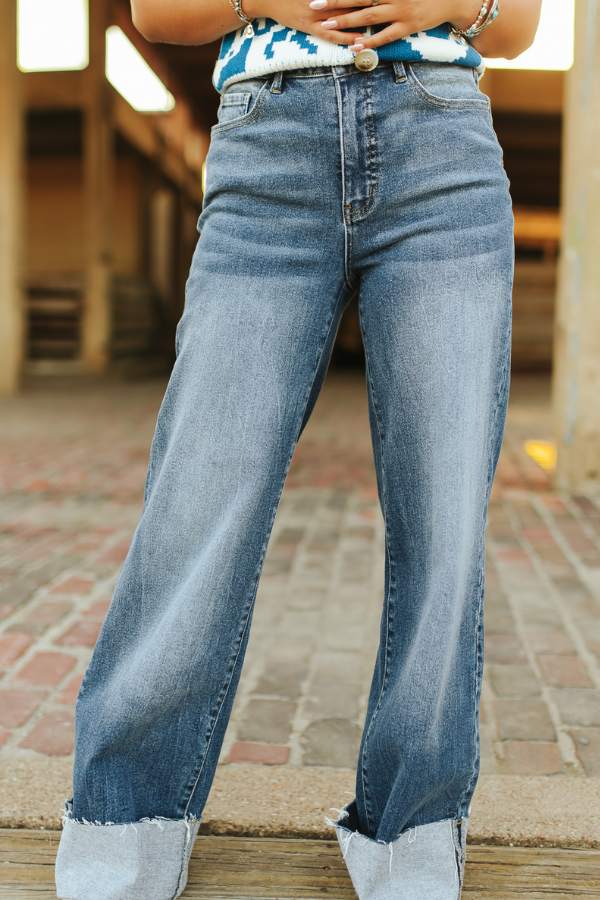 Lucky & Blessed Mid-Wash High Rise Trouser Jeans with Cuff