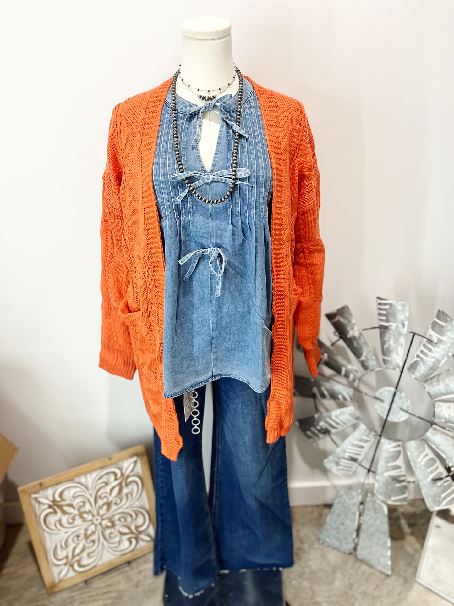 Bow Denim Puff Sleeve Top