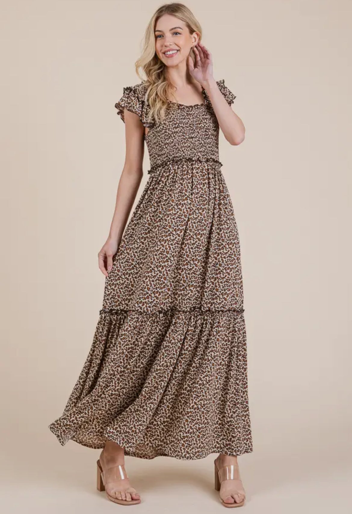 Leopard Print Ruffle Sleeve Tiered Maxi Dress