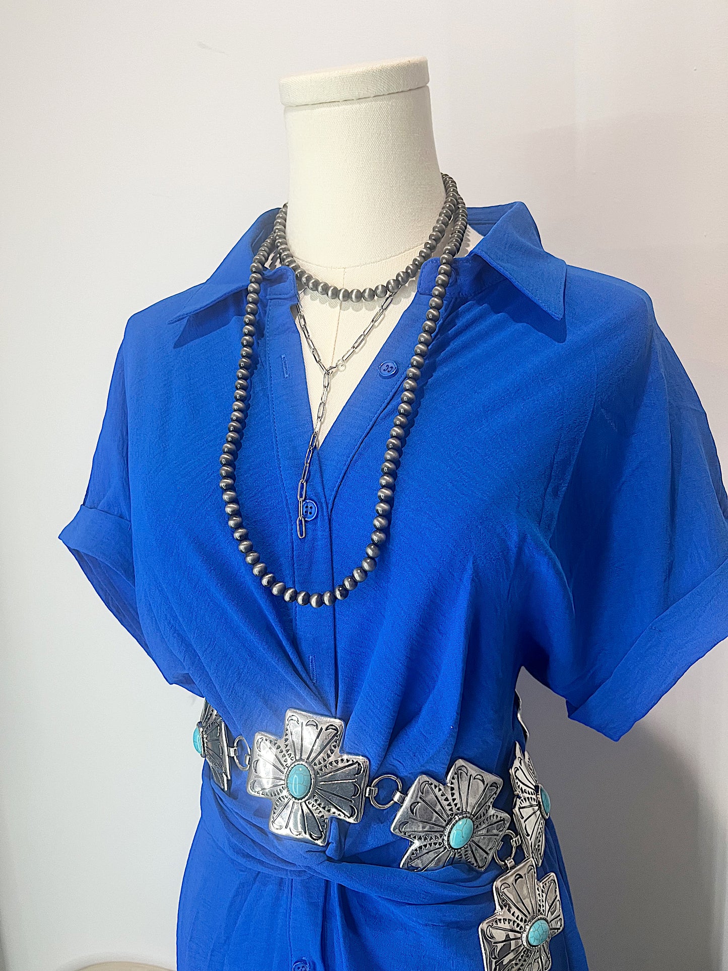 Twist Front Smocked Button Down- Royal Blue