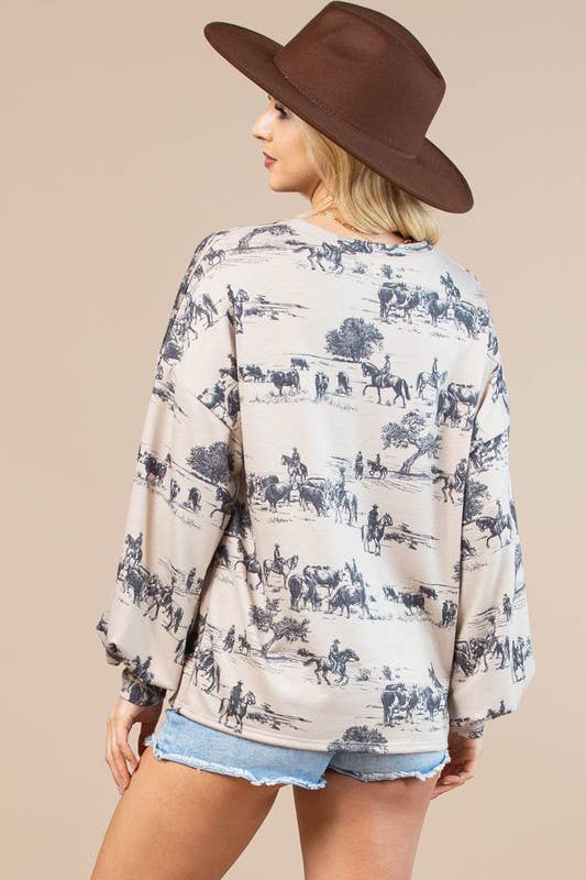 Hailey Western Print Sweatshirt- Khaki/Charcoal