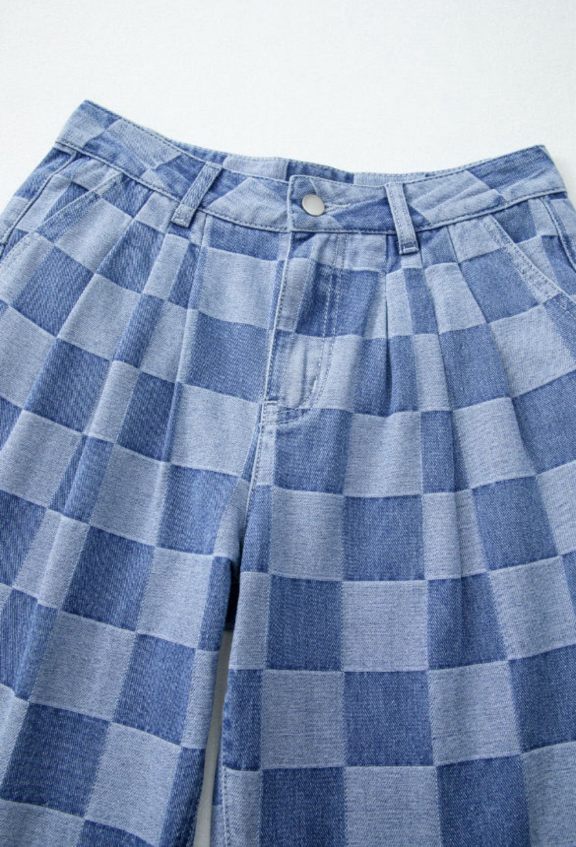 Checkered Wide Leg Denim- Dusk Blue