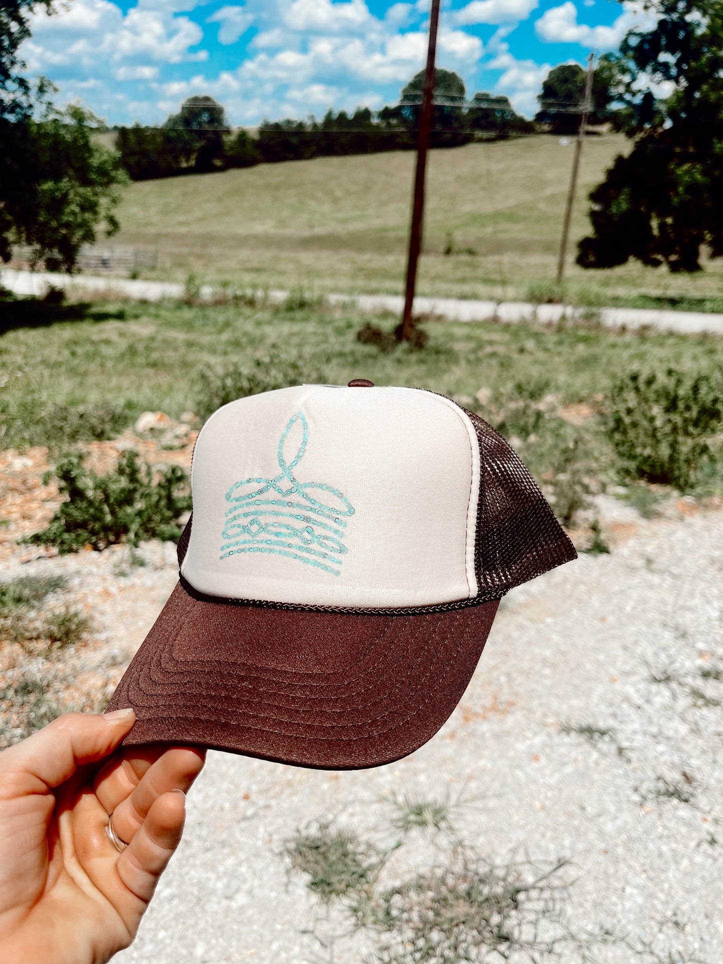 Turquoise Stone Bootstitch Trucker- Brown & Tan