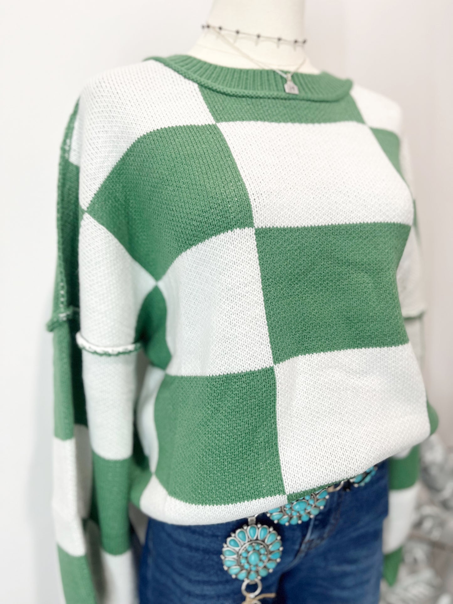 Checked Reverse Seam Crewneck Sweater- Green