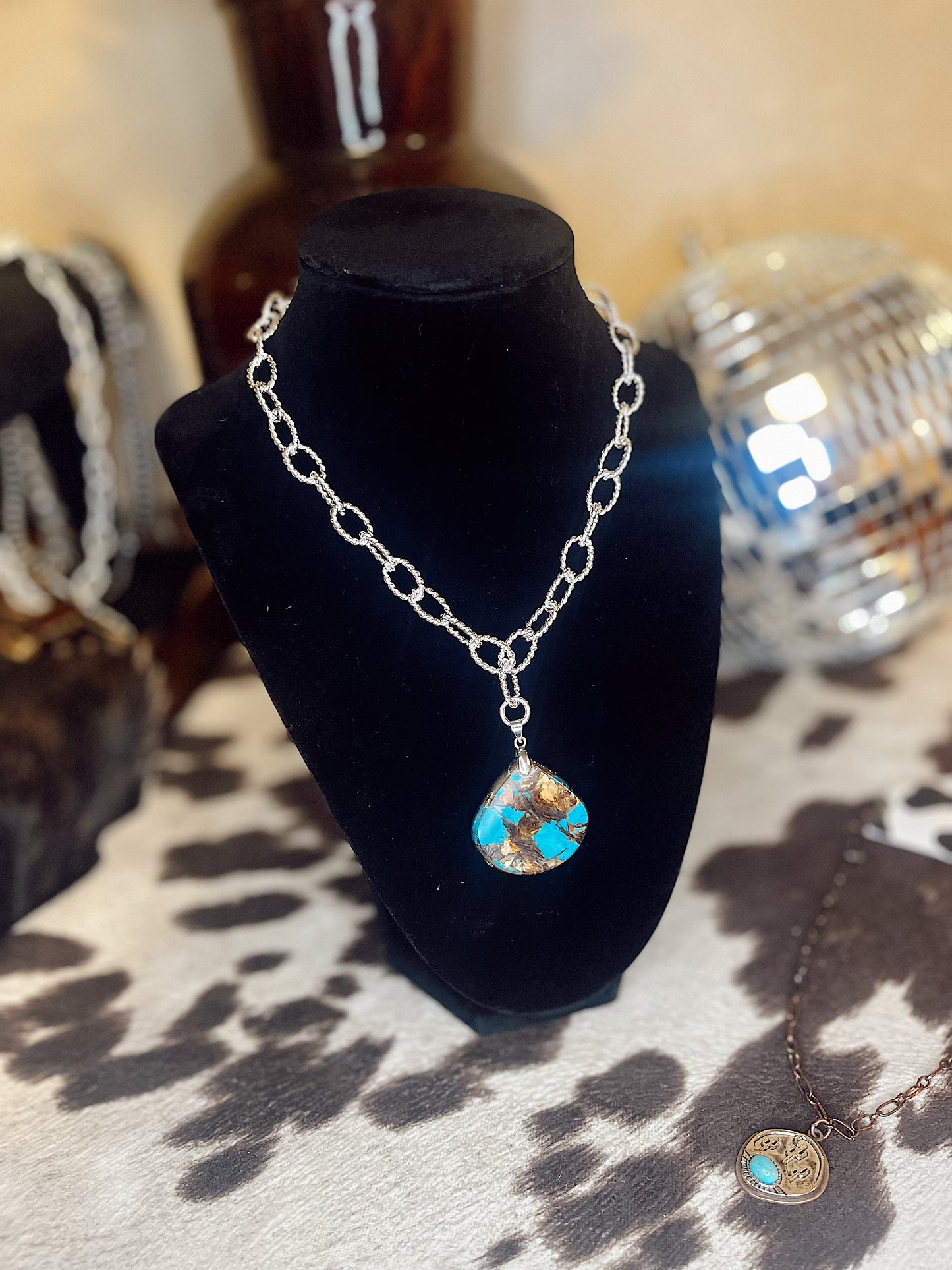 Turquoise & Brown Pendant with Silver Chain