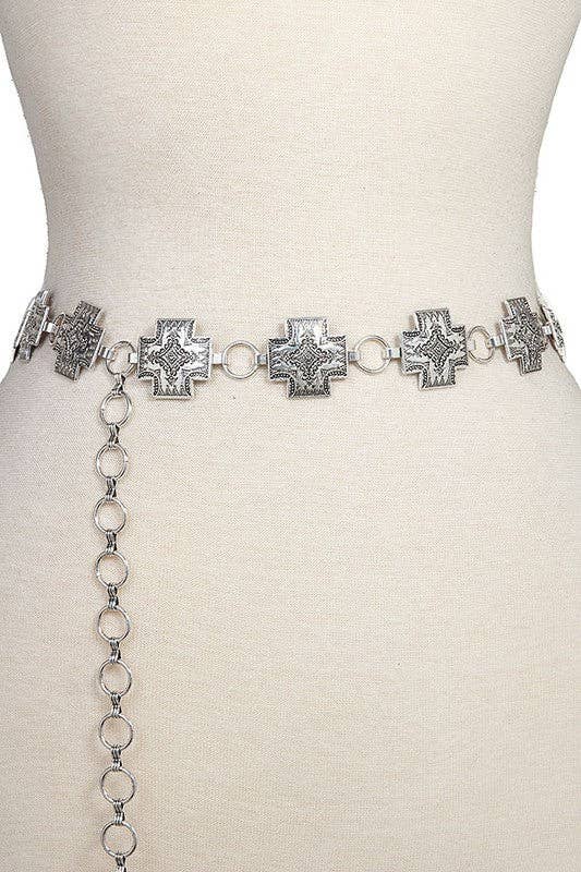 Cross Etched Link Chain Belt: BURNISHED SILVER / L/XL