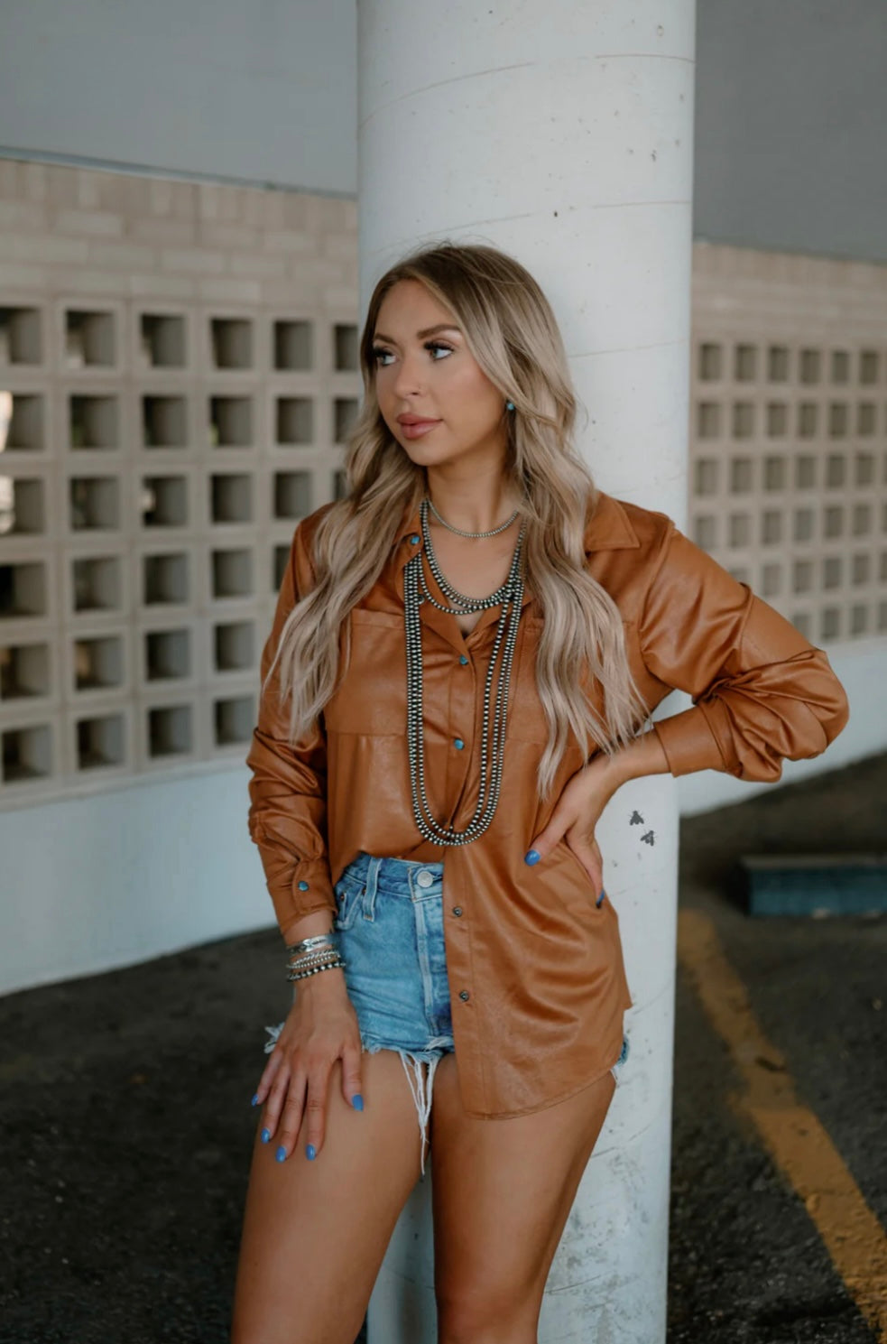 Leather Lux Button Up: Saddle