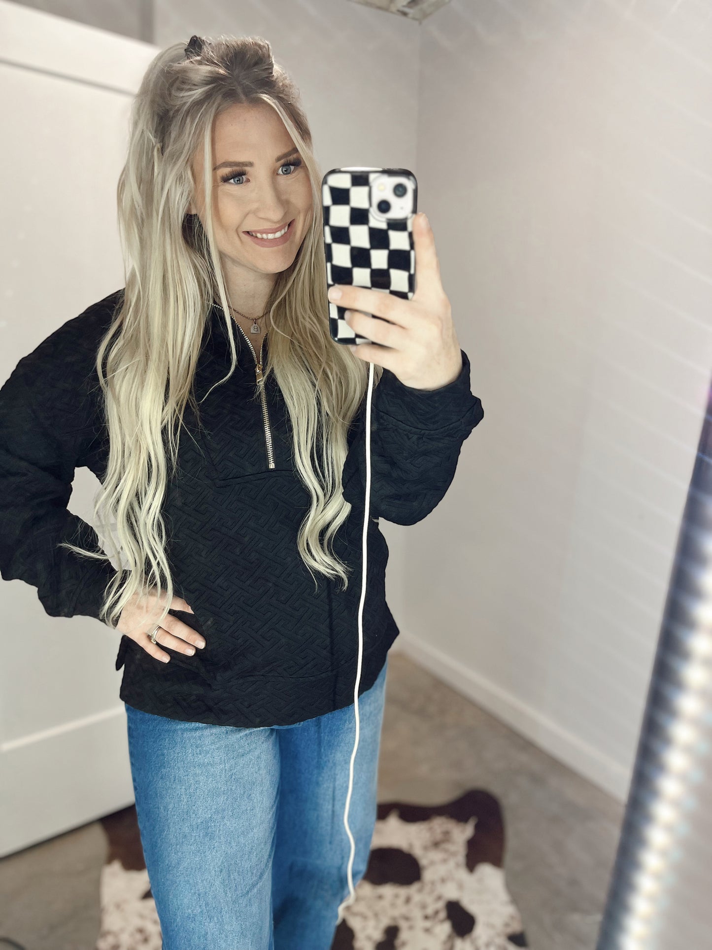 Textured Half Zip Pullover- Black