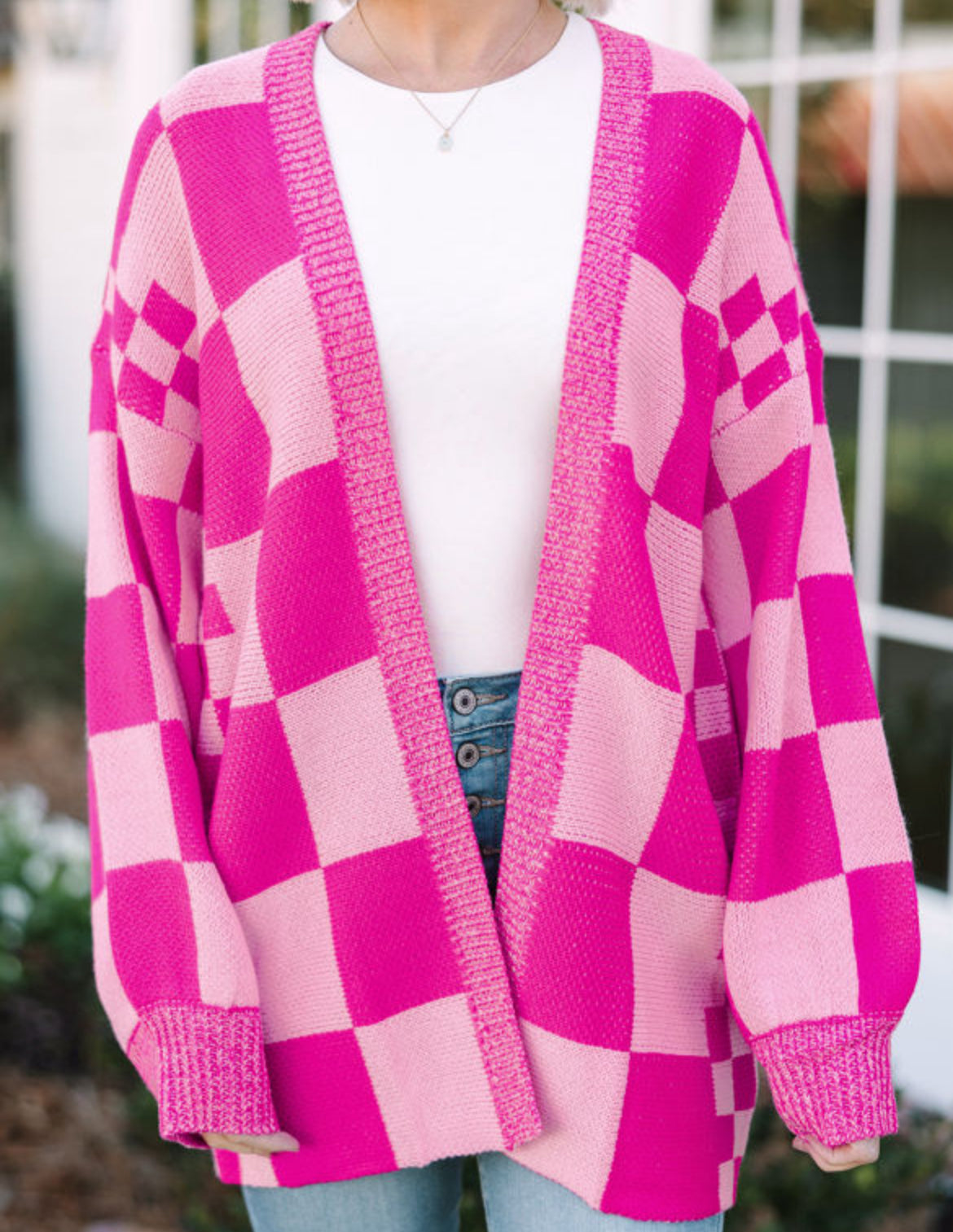 Checkered Ribbed Trim Cardigan- Hot Pink