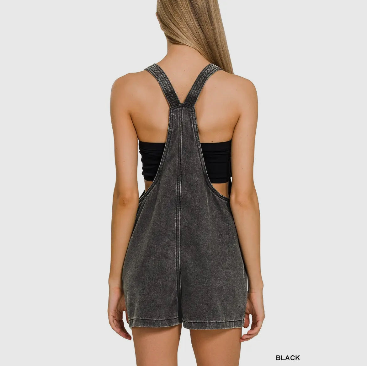 Washed Knot Strap Romper Overalls - Black
