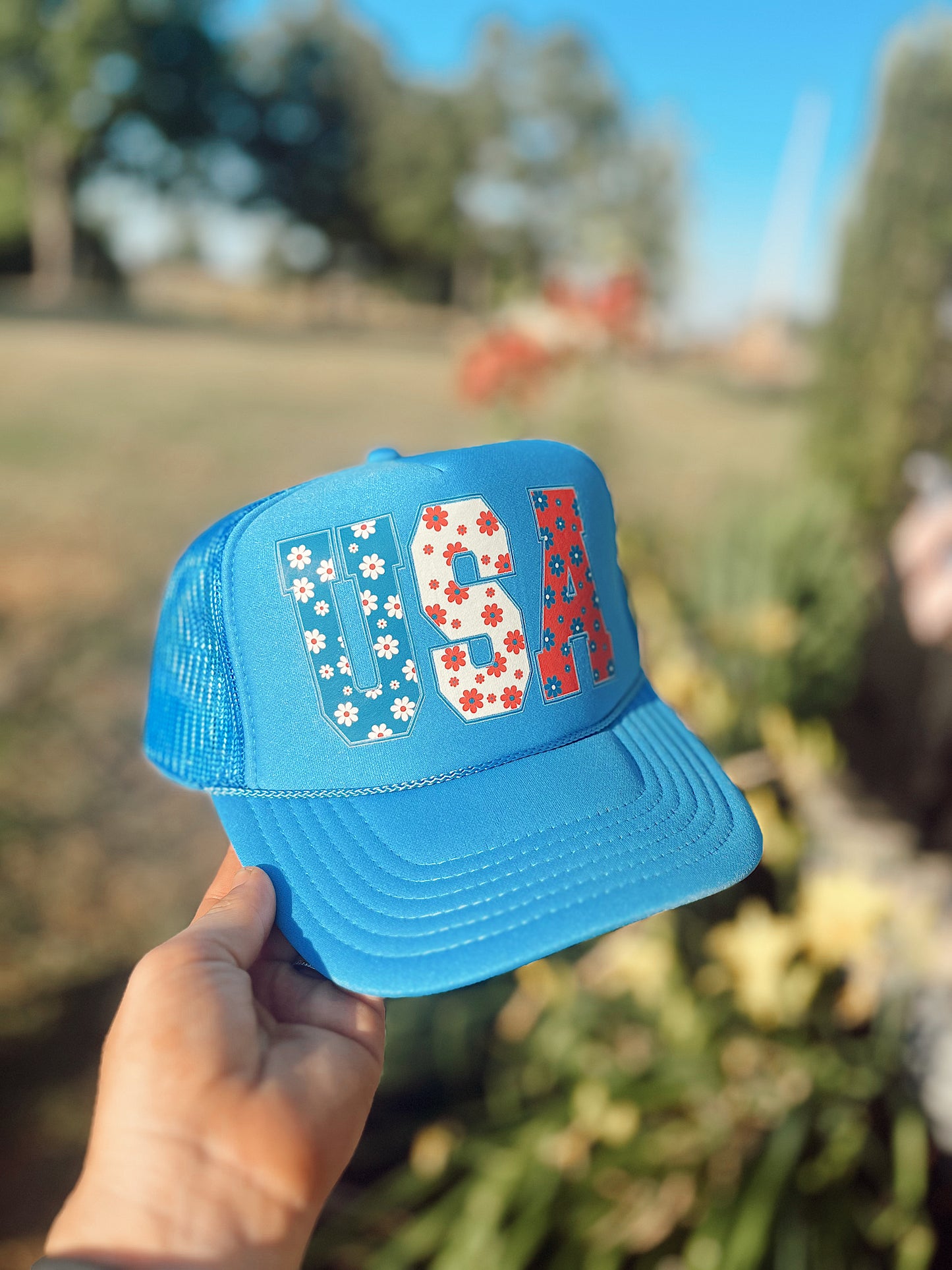 Floral “USA” Sky Blue Trucker Hat