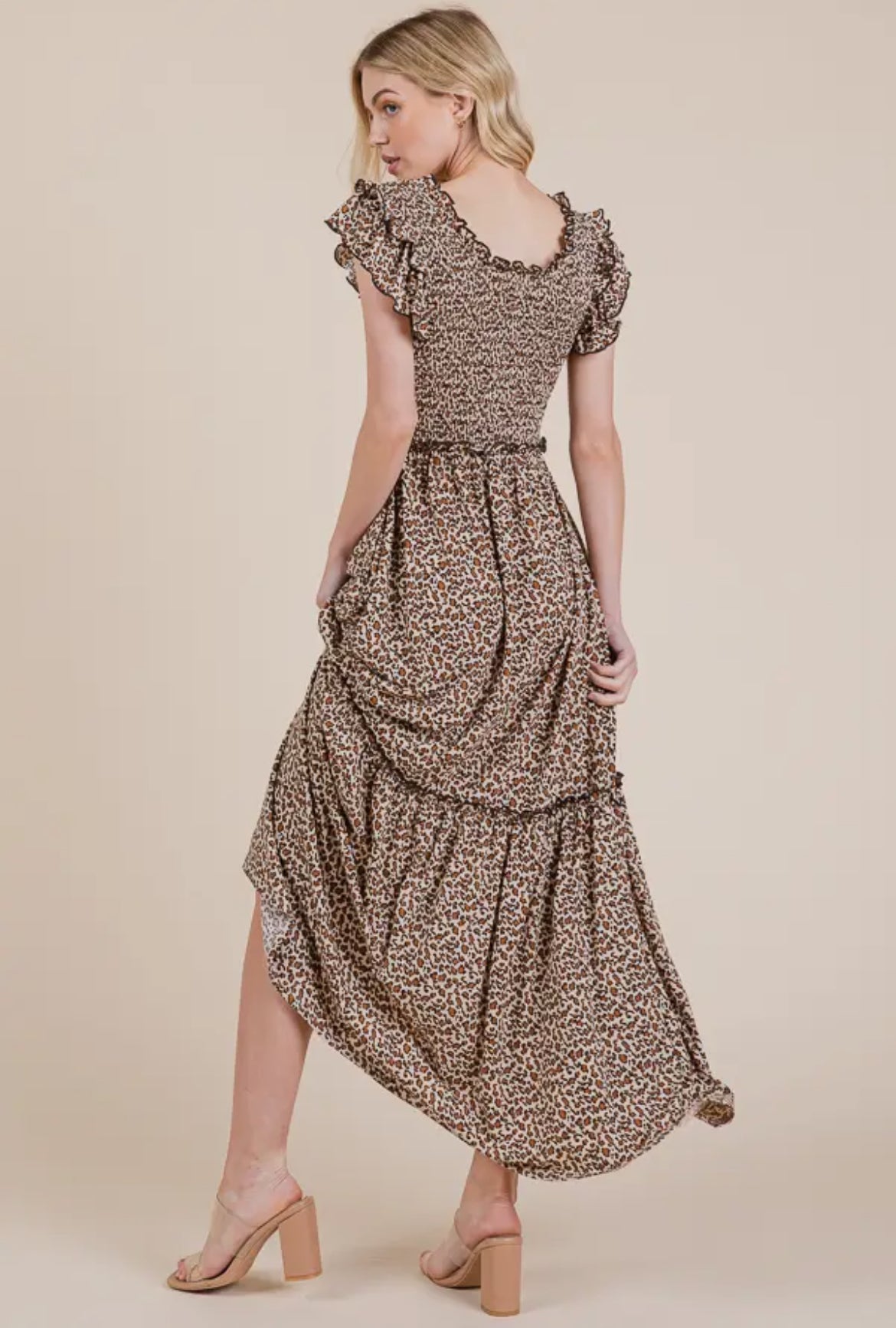 Leopard Print Ruffle Sleeve Tiered Maxi Dress