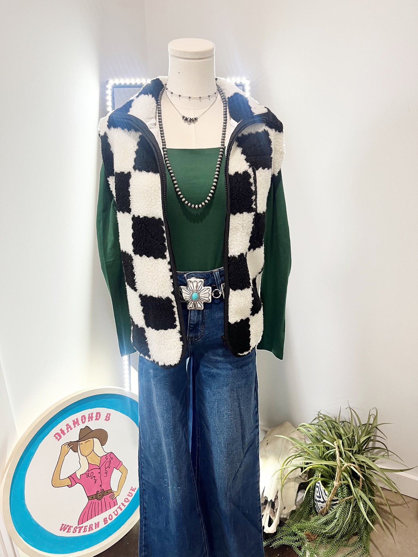 Checkered Sherpa Zipped Vest