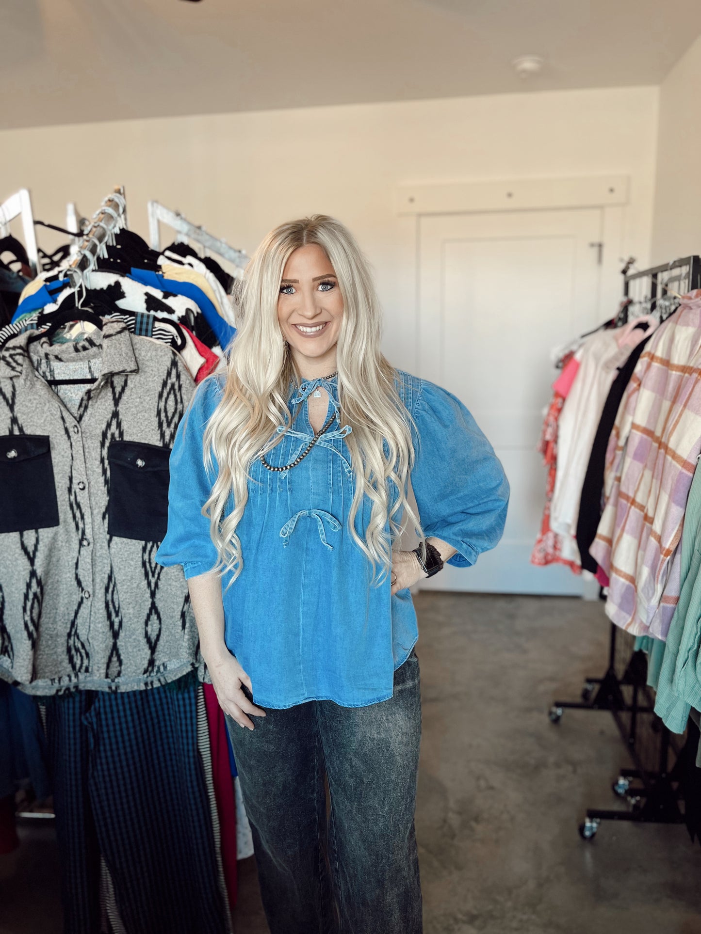Bow Denim Puff Sleeve Top