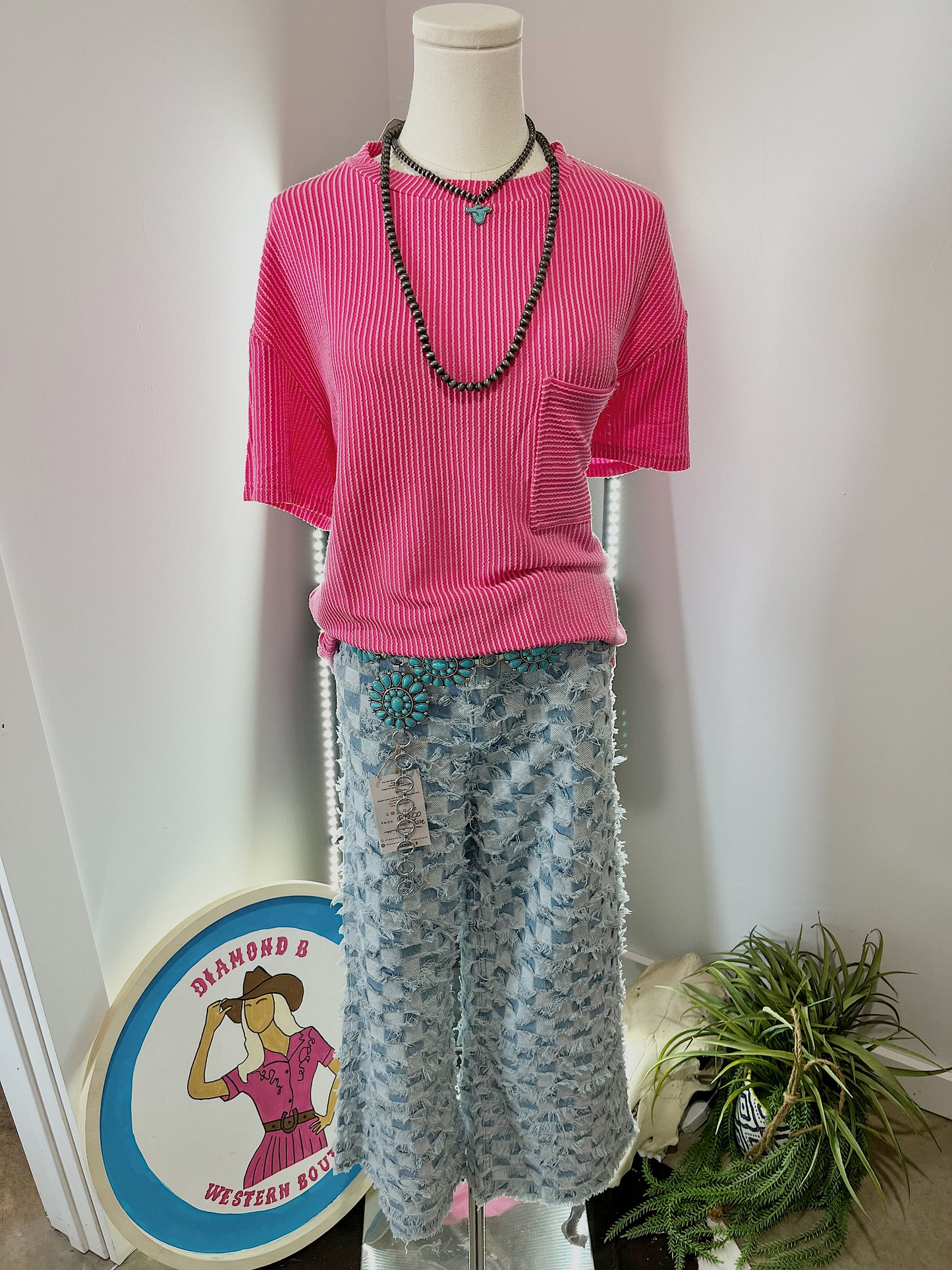Corded Knit Oversized Tee- Pink
