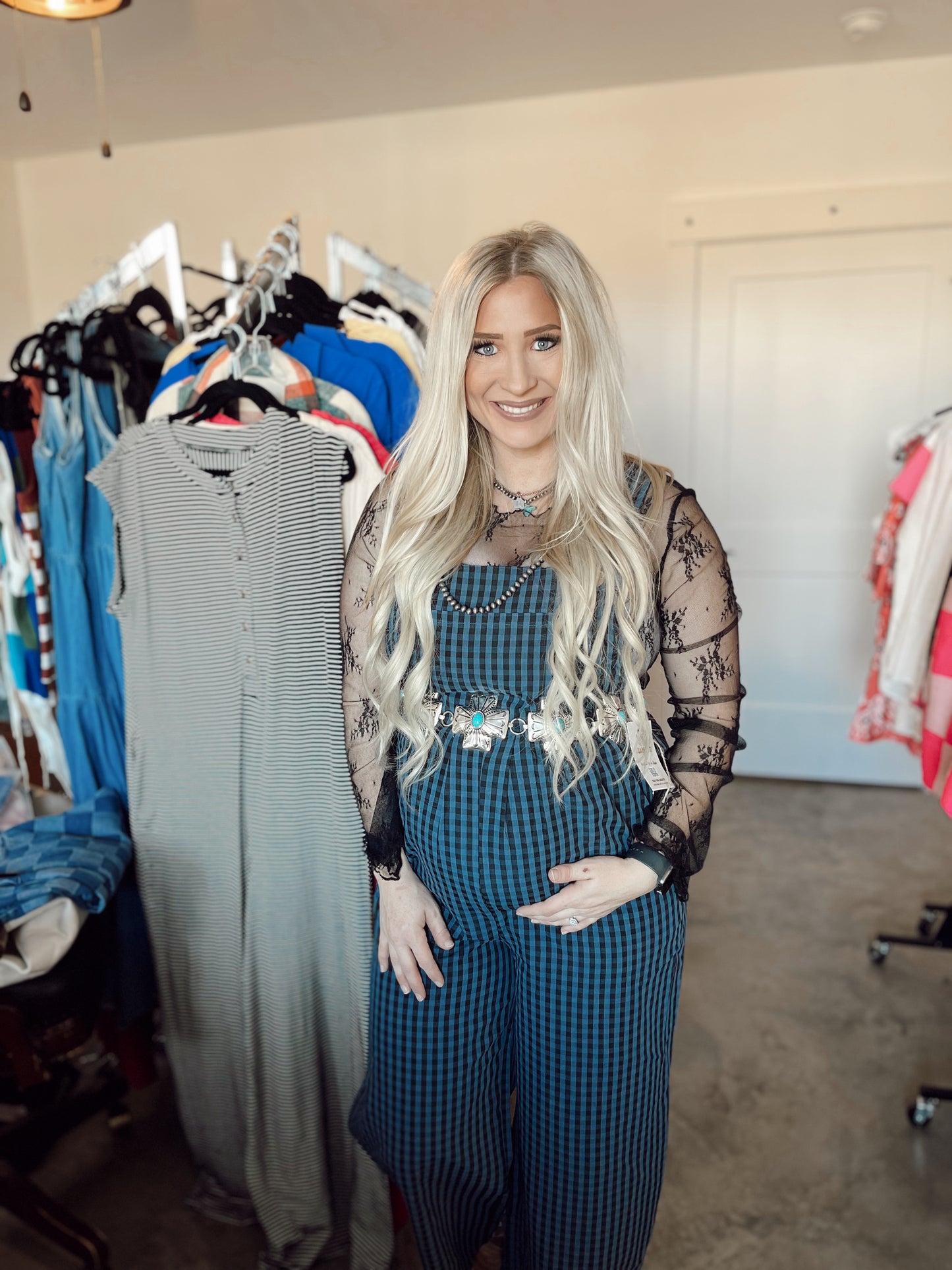 Sail Blue Plaid Buttoned Overalls