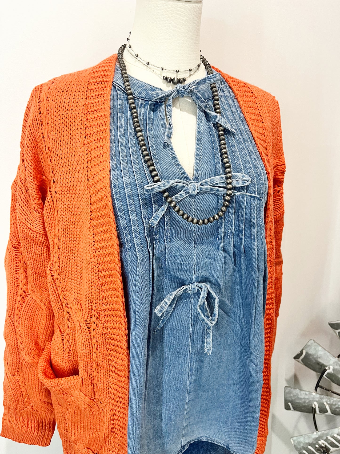 Ribbed Cable Knit Cardigan- Orange