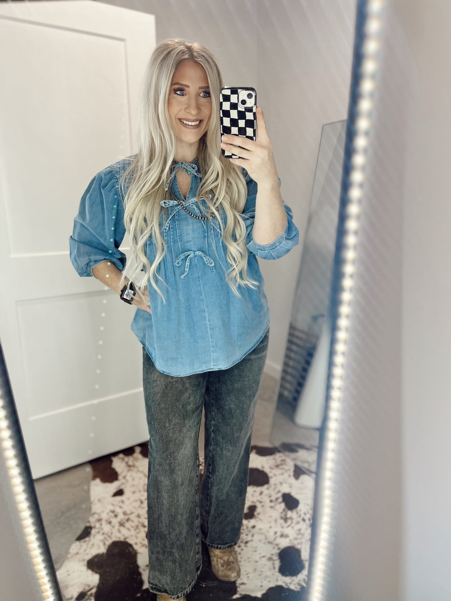 Bow Denim Puff Sleeve Top