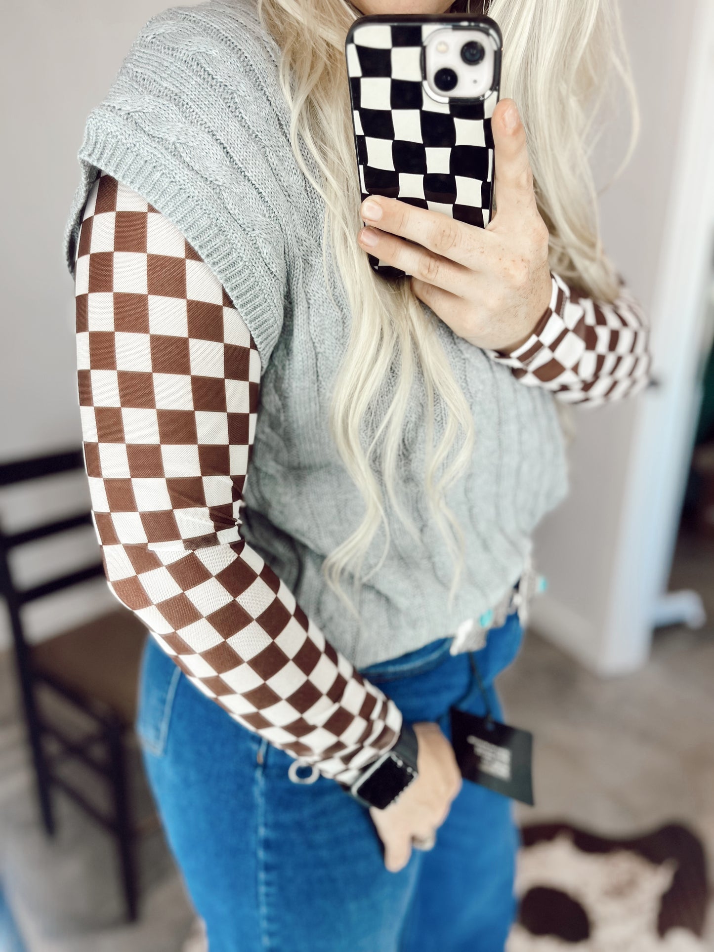Brown & White Checkered Bodysuit