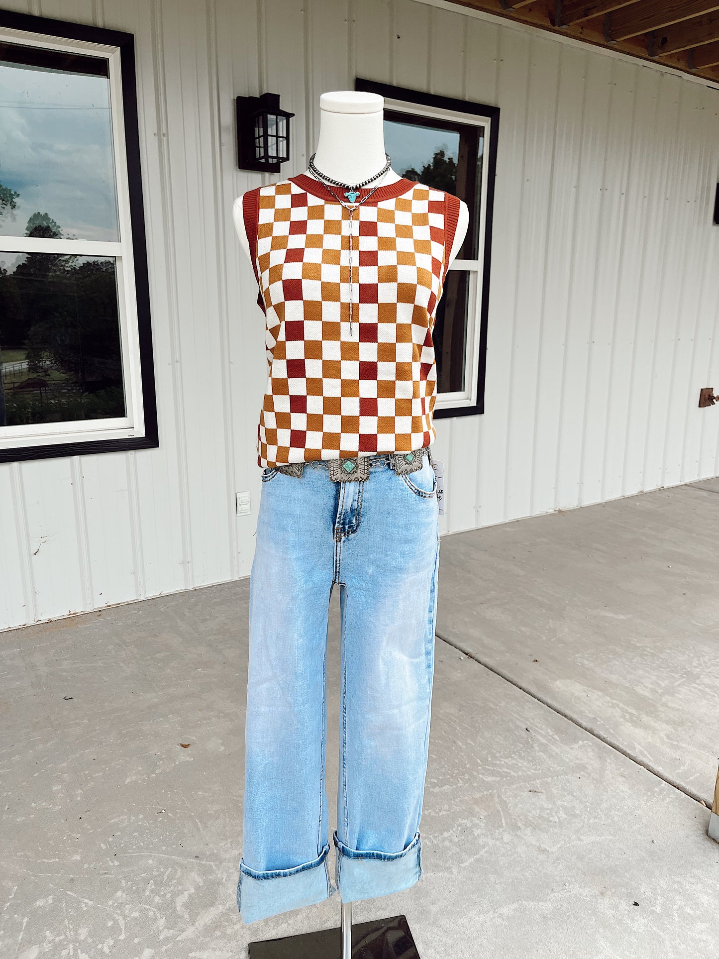 Brown Checkered Rib Knit Sweater Vest