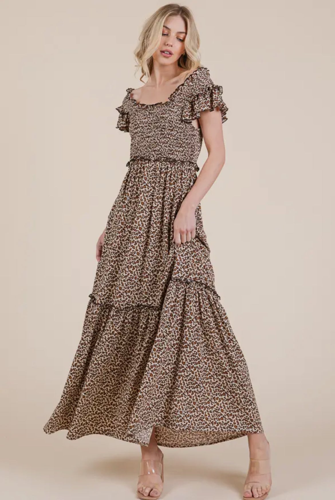 Leopard Print Ruffle Sleeve Tiered Maxi Dress
