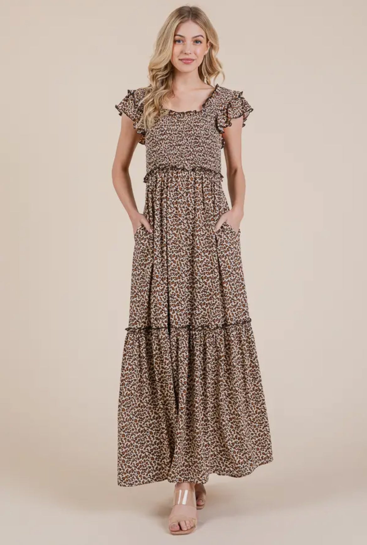 Leopard Print Ruffle Sleeve Tiered Maxi Dress