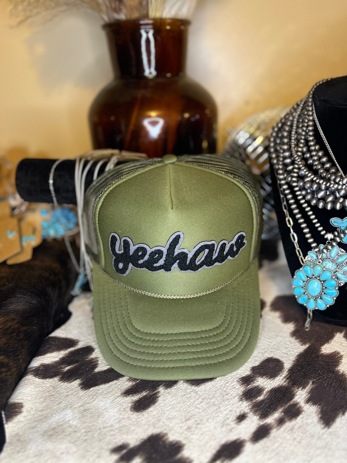 Olive Green Yeehaw Trucker Hat