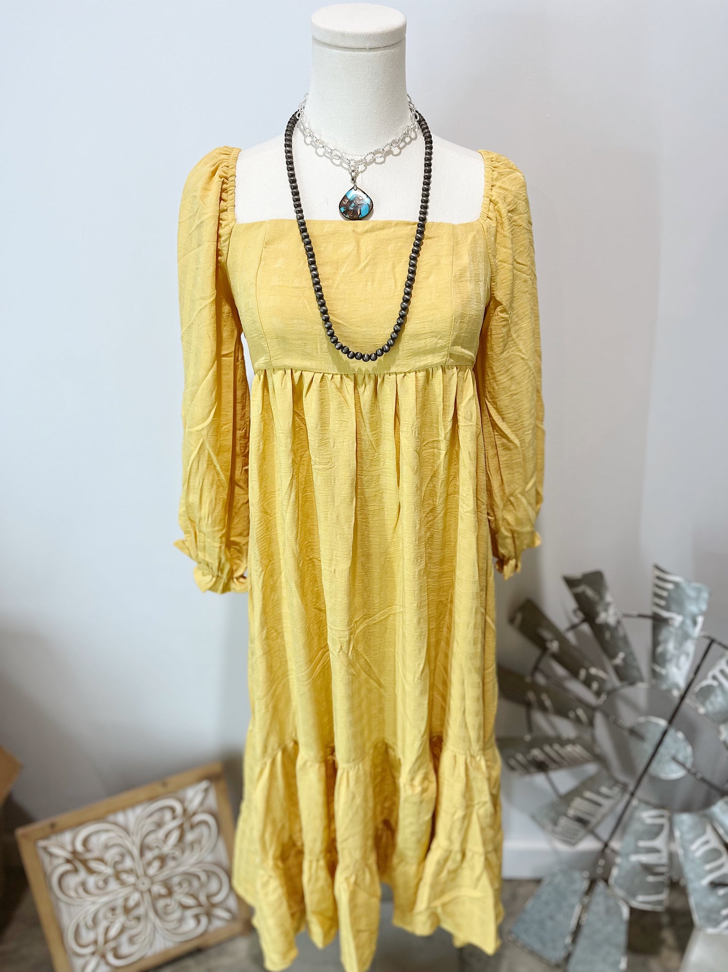 Yellow Square Neck Midi Long Sleeve Dress