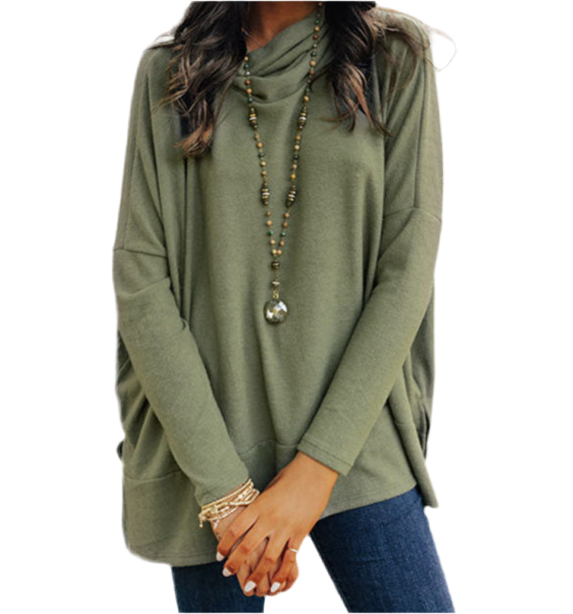 Cowl Neck Tunic Top- Green