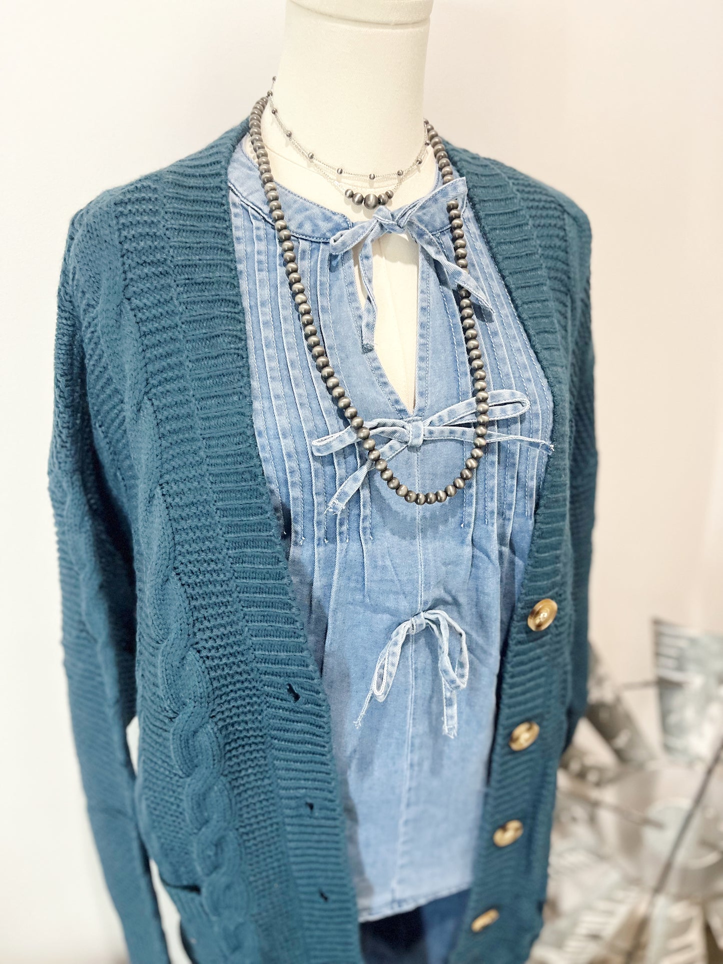 Bow Denim Puff Sleeve Top