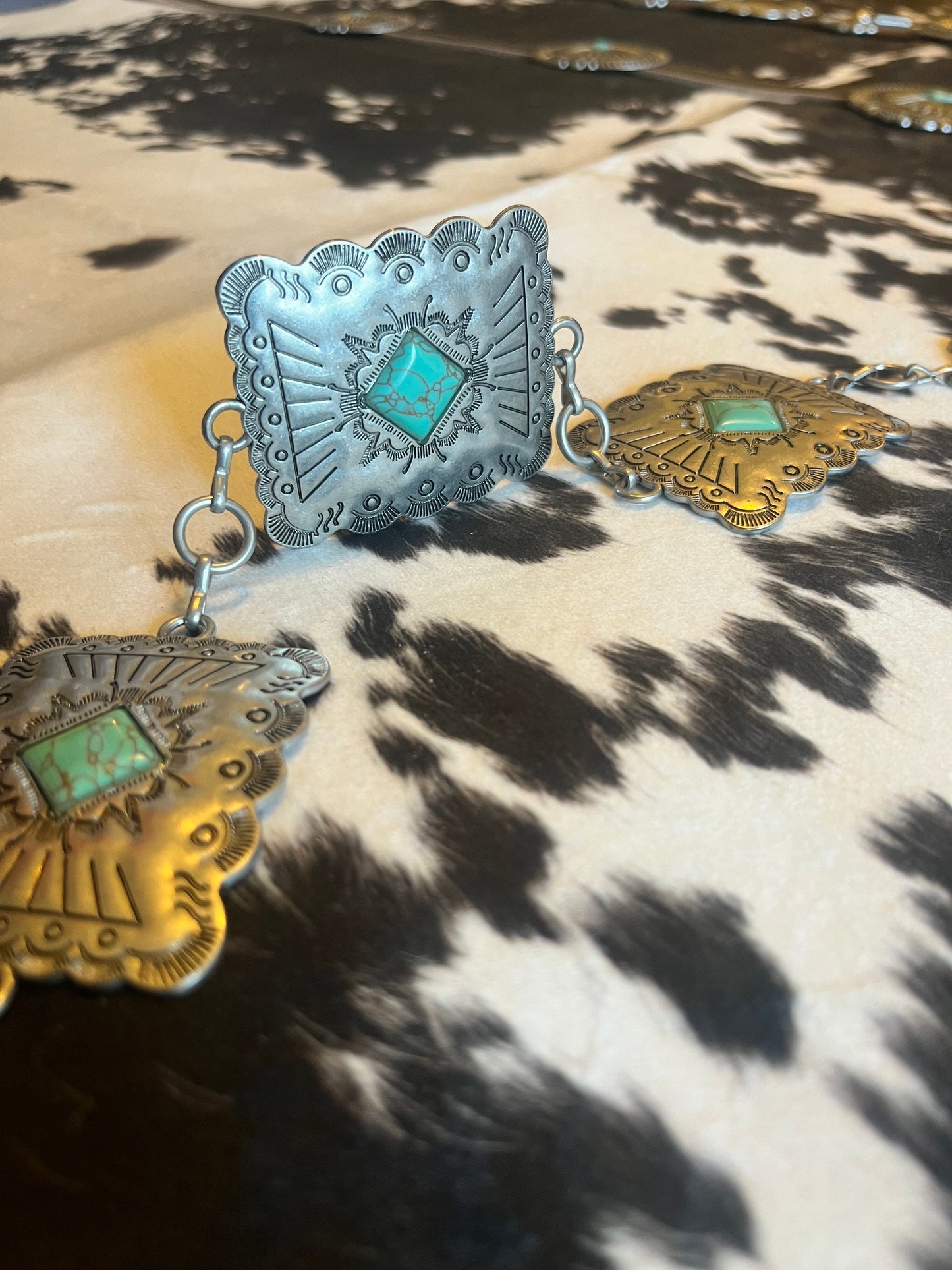 Western Silver Rectangular Concho Chain Belt with Stones